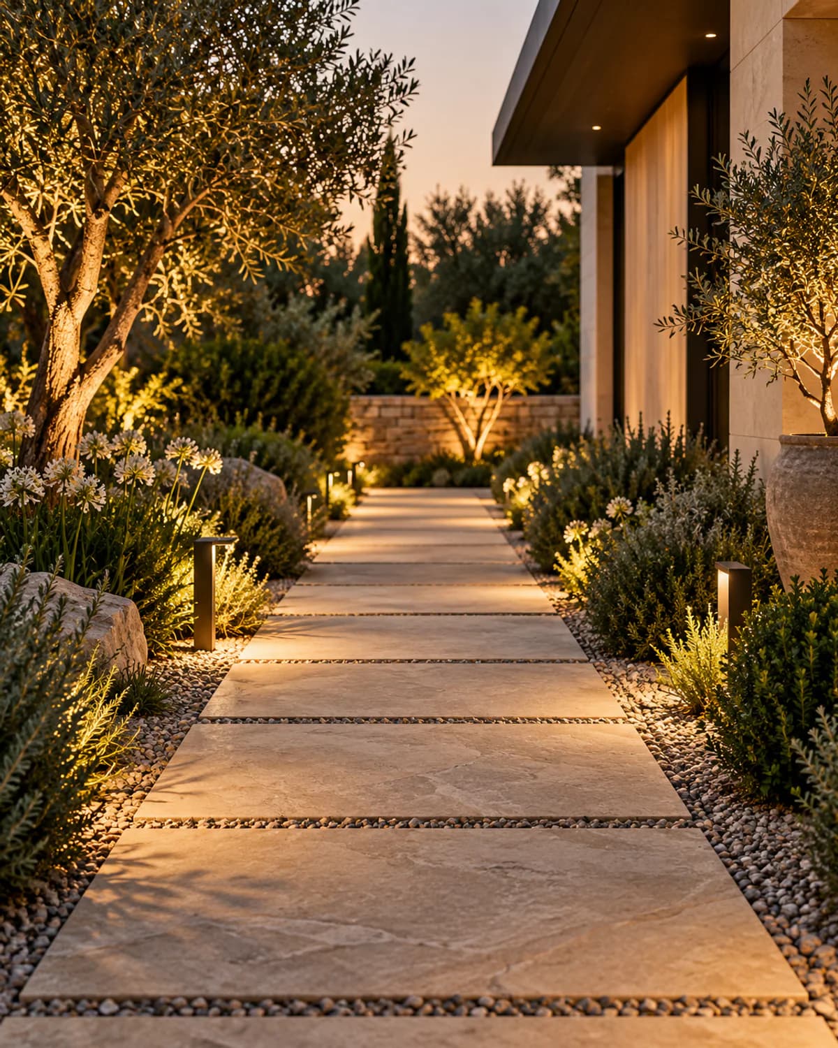Stone outdoor walkway with integrated lighting and planted borders