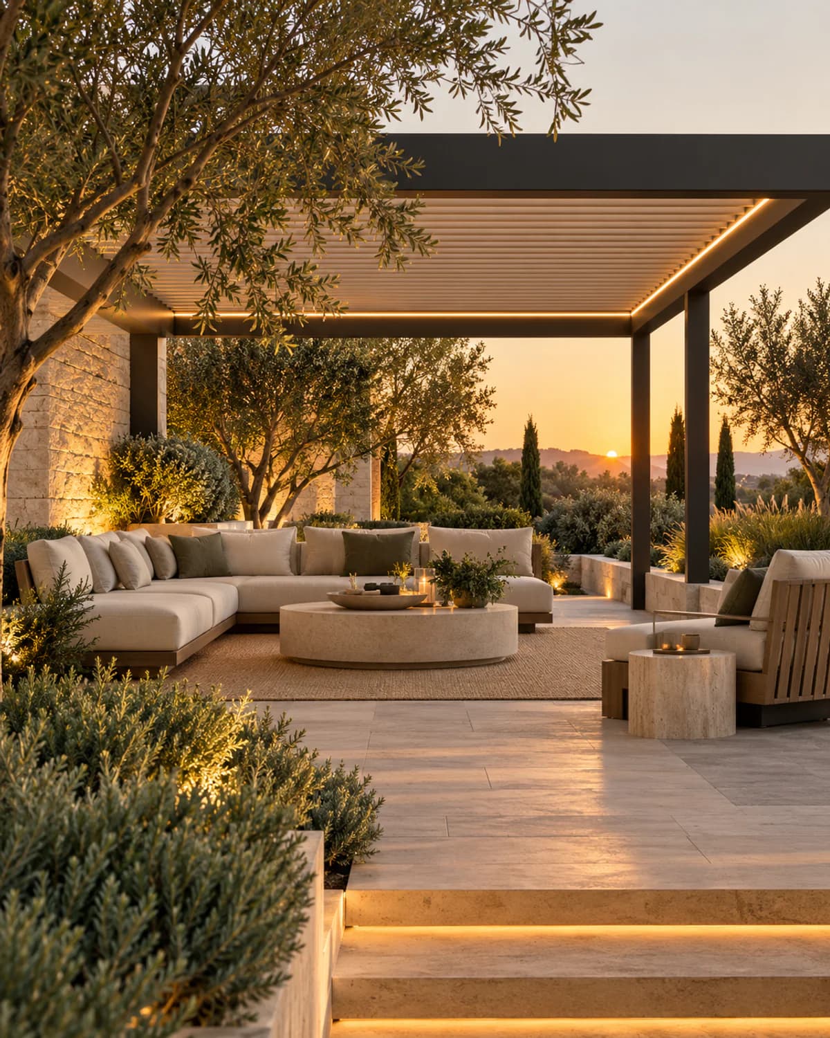 Modern outdoor seating beneath a pergola surrounded by greenery