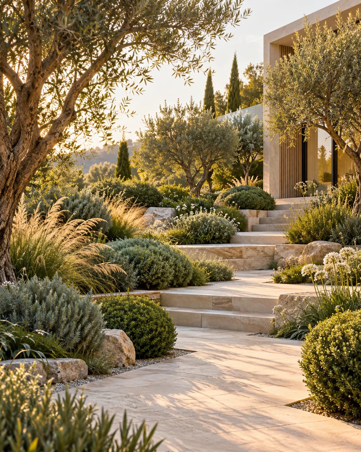 Contemporary villa garden with stone paths and Mediterranean planting