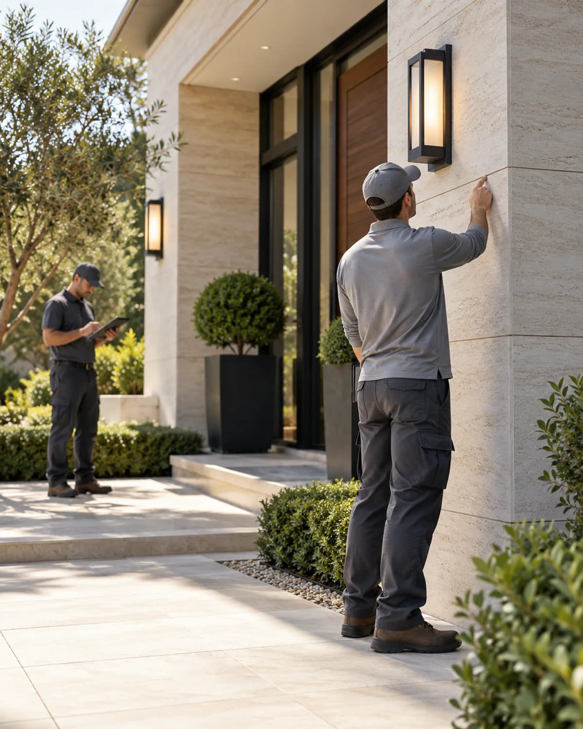 Technicians carrying out a maintenance inspection on a modern villa exterior