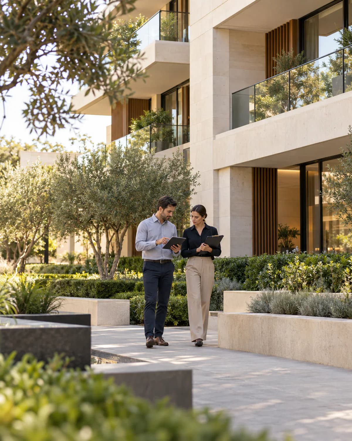 Property management team inspecting a modern residential building