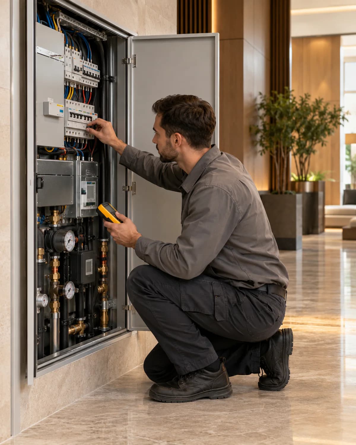 Maintenance technician inspecting building service systems in a residence
