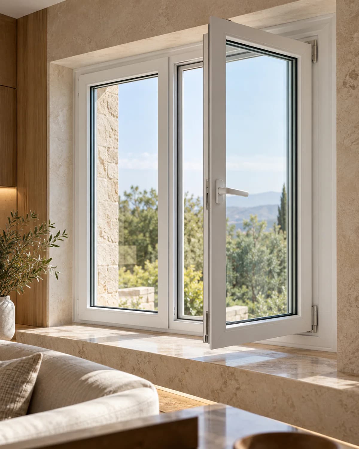 Modern white PVC window with insulated glazing in a residential interior