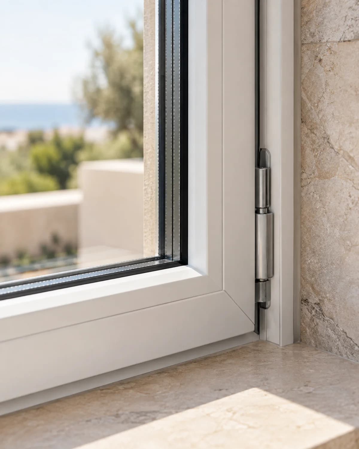 PVC window frame detail with double glazing and hinges