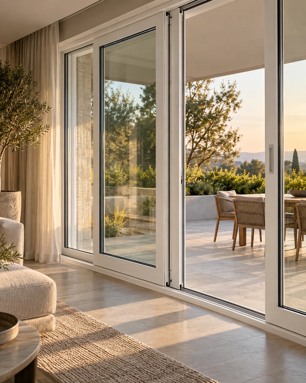 Glazed sliding PVC doors connecting a living room to an outdoor terrace